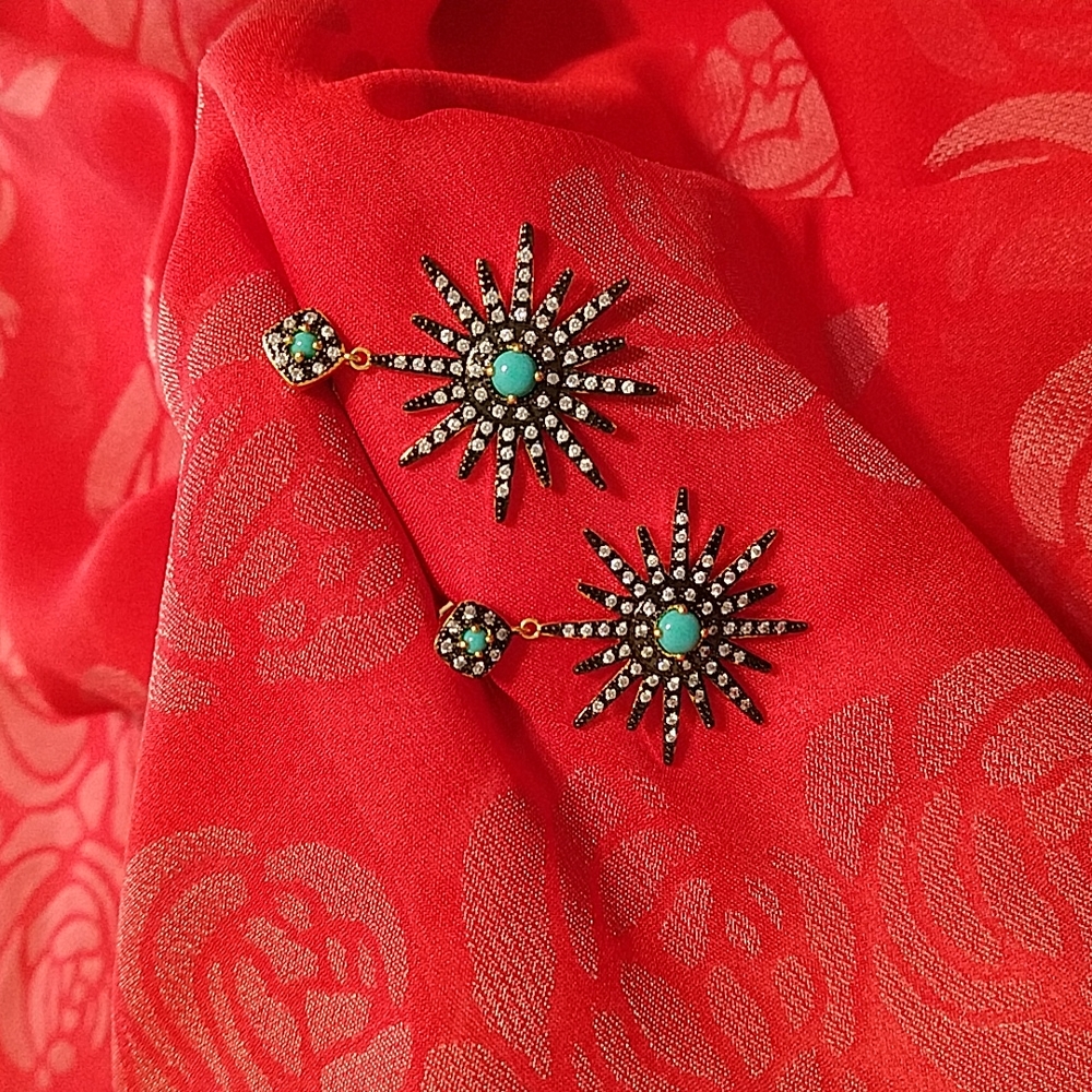14K Yellow Gold Plated Turquoise & Swarovski Crystal Accented Starburst Earrings